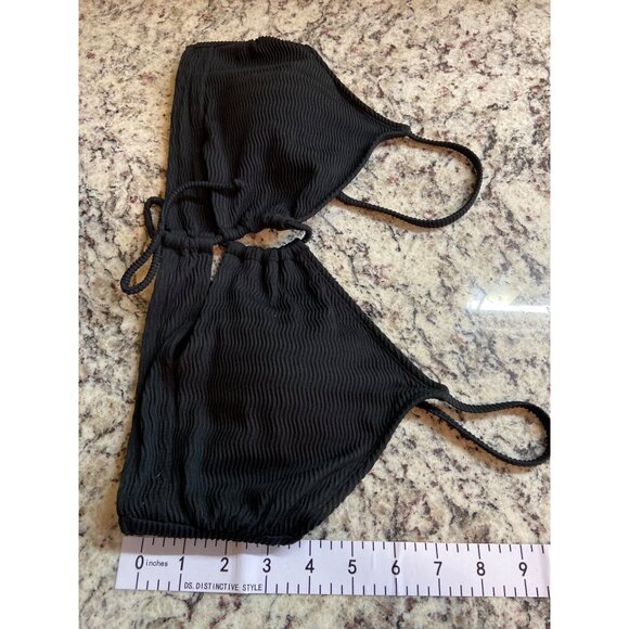 Black Textured Adjustable Bikini Top Tie Front Spaghetti Straps Goth - Picture 4 of 4